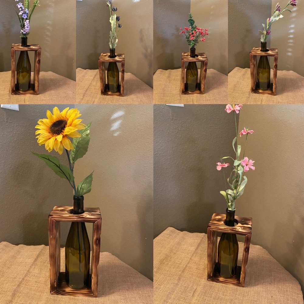 Home decor - one wooden stand, bottle & choice of flower